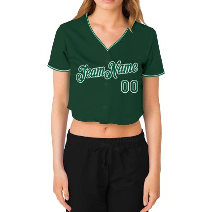 Custom Womens Green V-Neck Cropped Baseball Jersey in Kelly Green and White Custom Women's Green Kelly Green-White V-Neck
