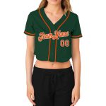 Custom Womens Green Orange White V-Neck Baseball Jersey Cropped Style Custom Women's Green Orange-White V-Neck Cropped Baseball