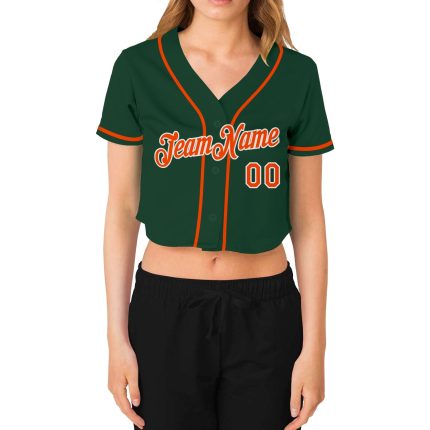 Custom Womens Green Orange White V-Neck Baseball Jersey Cropped Style Custom Women's Green Orange-White V-Neck Cropped Baseball