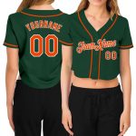 Custom Womens Green Orange White V-Neck Baseball Jersey Cropped Style Custom Women's Green Orange-White V-Neck Cropped Baseball