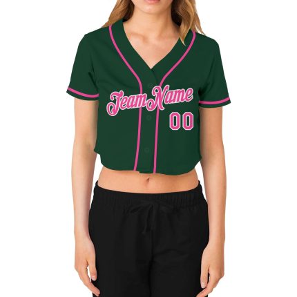 Custom Womens Green Pink White V-Neck Cropped Jersey for Baseball Custom Women's Green Pink-White V-Neck Cropped Baseball
