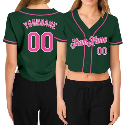 Custom Womens Green Pink White V-Neck Cropped Jersey for Baseball Custom Women's Green Pink-White V-Neck Cropped Baseball