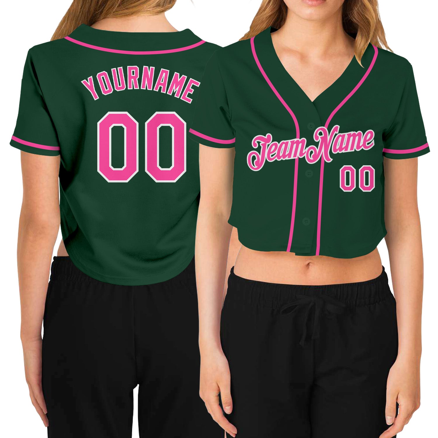 Custom Womens Green Pink White V-Neck Cropped Jersey for Baseball Custom Women's Green Pink-White V-Neck Cropped Baseball