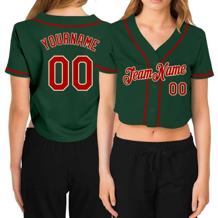 Custom Womens Green Red Cream V-Neck Baseball Jersey Cropped Design Custom Women's Green Red-Cream V-Neck Cropped Baseball