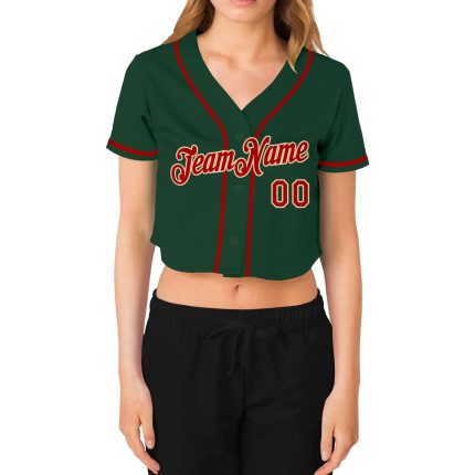 Custom Womens Green Red Cream V-Neck Baseball Jersey Cropped Design Custom Women's Green Red-Cream V-Neck Cropped Baseball