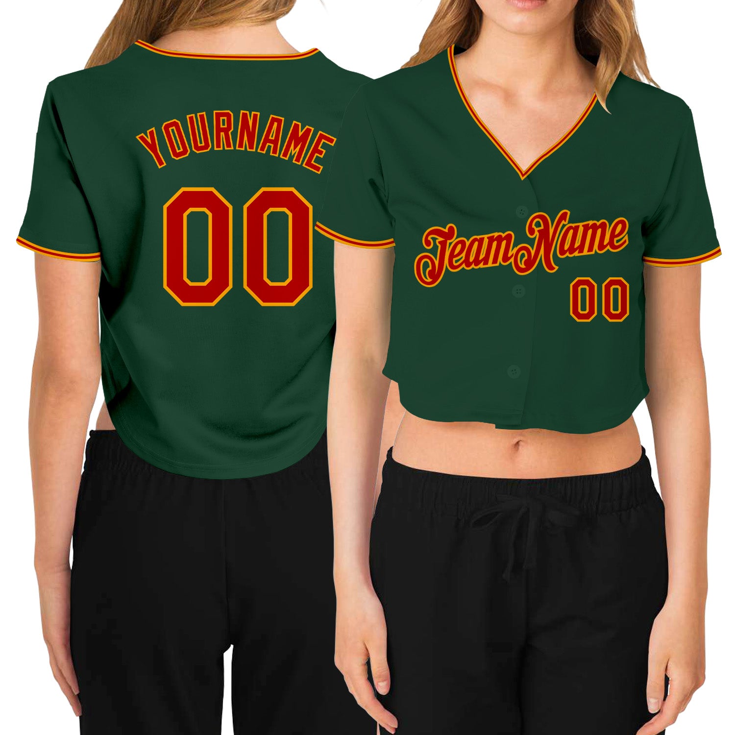 Custom Women's Green Red-Gold V-Neck Cropped Baseball Jersey Custom Green Red Gold V-Neck Cropped Baseball Jersey for Women Custom Women's Green Red-Gold V-Neck Cropped Baseball Jersey