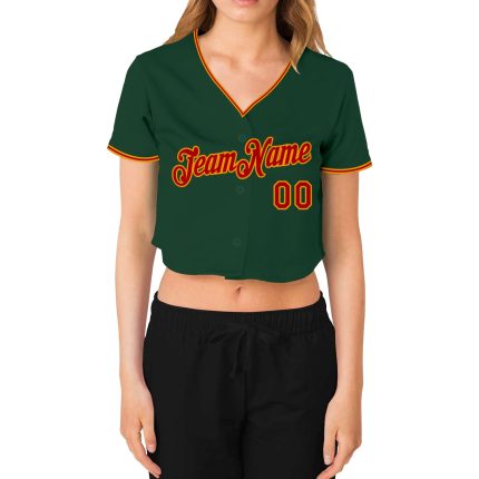 Custom Green Red Gold V-Neck Cropped Baseball Jersey for Women Custom Women's Green Red-Gold V-Neck Cropped Baseball Jersey