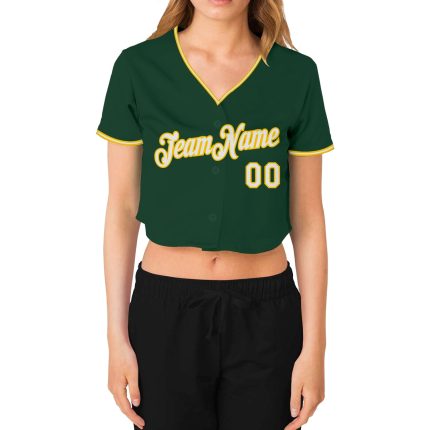 Womens Custom Green White Gold V-Neck Cropped Baseball Jersey Custom Women's Green White-Gold V-Neck Cropped Baseball Jersey