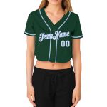 Custom Womens V-Neck Baseball Jersey in Green White Light Blue, Cropped Design Custom Women's Green White-Light Blue V-Neck