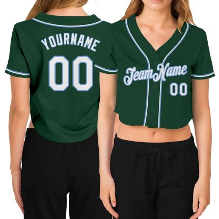 Custom Womens V-Neck Baseball Jersey in Green White Light Blue, Cropped Design Custom Women's Green White-Light Blue V-Neck