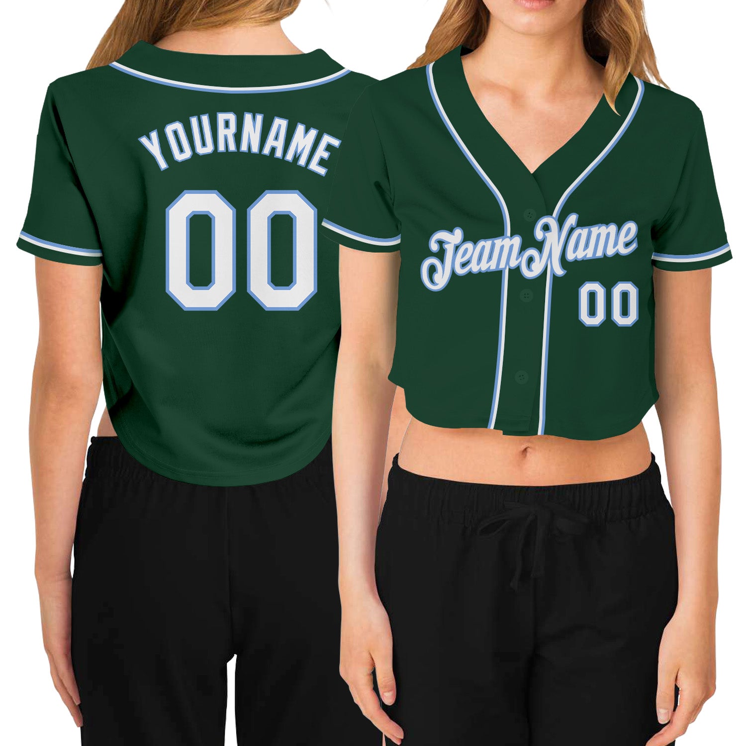 Custom Womens V-Neck Baseball Jersey in Green White Light Blue, Cropped Design Custom Women's Green White-Light Blue V-Neck