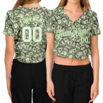 Custom Womens Green White Neon Green 3D V-Neck Cropped Baseball Jersey Custom Women's Green White-Neon Green Dollar 3D V-Neck