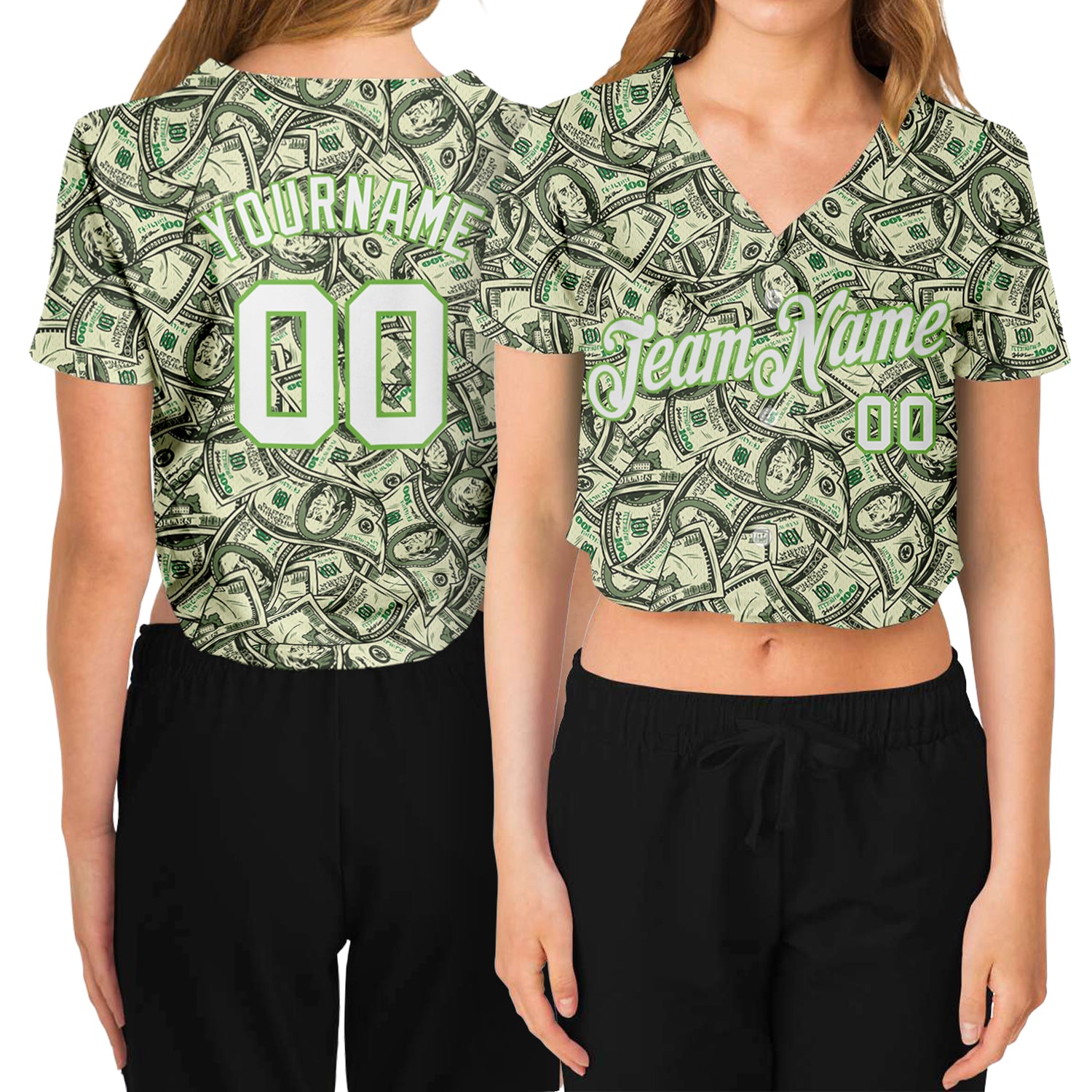 Custom Womens Green White Neon Green 3D V-Neck Cropped Baseball Jersey Custom Women's Green White-Neon Green Dollar 3D V-Neck