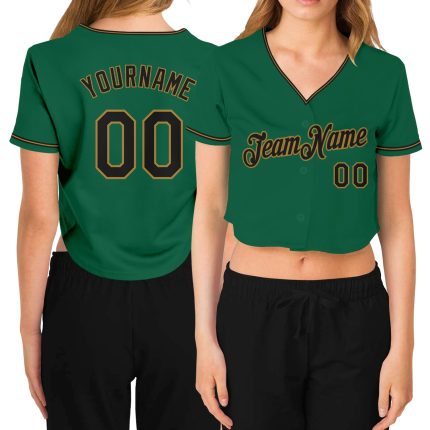 Custom Womens V-Neck Cropped Baseball Jersey in Kelly Green and Black-Old Gold Custom Women's Kelly Green Black-Old Gold