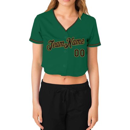 Custom Womens V-Neck Cropped Baseball Jersey in Kelly Green and Black-Old Gold Custom Women's Kelly Green Black-Old Gold