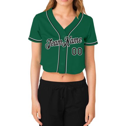 Custom Womens V-Neck Cropped Baseball Jersey in Kelly Green with Black and White Trim Custom Women's Kelly Green Black-White