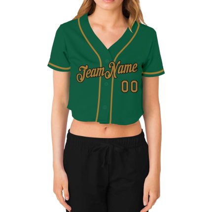 Custom Womens V-Neck Cropped Baseball Jersey in Kelly Green and Old Gold-Black Custom Women's Kelly Green Old Gold-Black