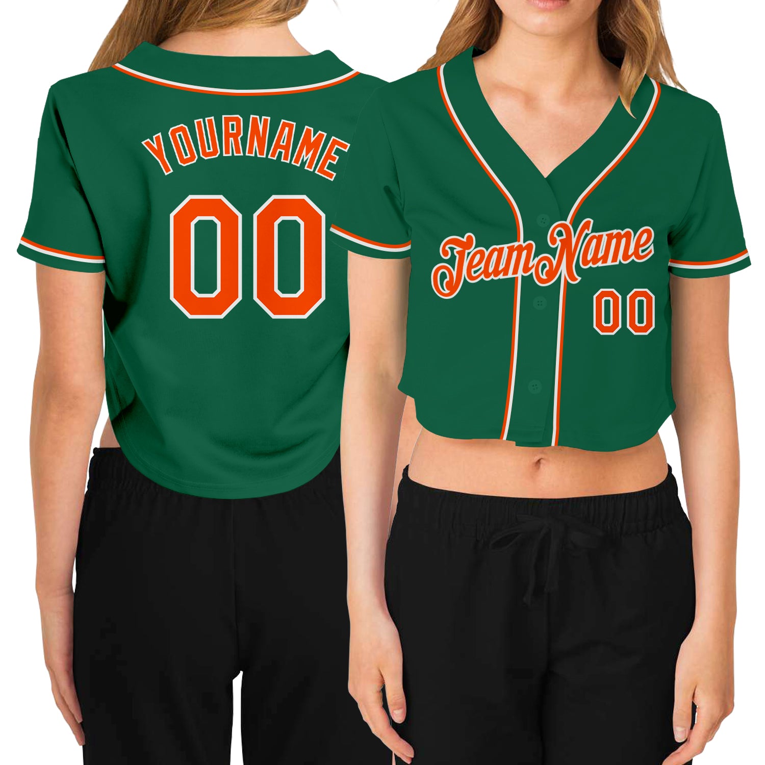 Womens Kelly Green Orange White V-Neck Cropped Baseball Jersey - Customizable Fun Sports Top Custom Women's Kelly Green Orange-White
