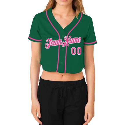 Womens Custom Kelly Green V-Neck Cropped Baseball Jersey in Pink and White Custom Women's Kelly Green Pink-White V-Neck Cropped