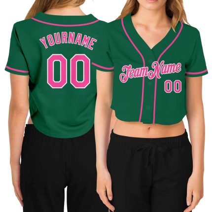 Womens Custom Kelly Green V-Neck Cropped Baseball Jersey in Pink and White Custom Women's Kelly Green Pink-White V-Neck Cropped