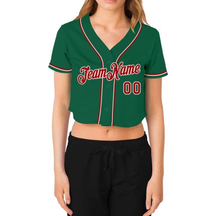 Womens Custom V-Neck Cropped Baseball Jersey in Kelly Green with Red and White Details Custom Women's Kelly Green Red-White