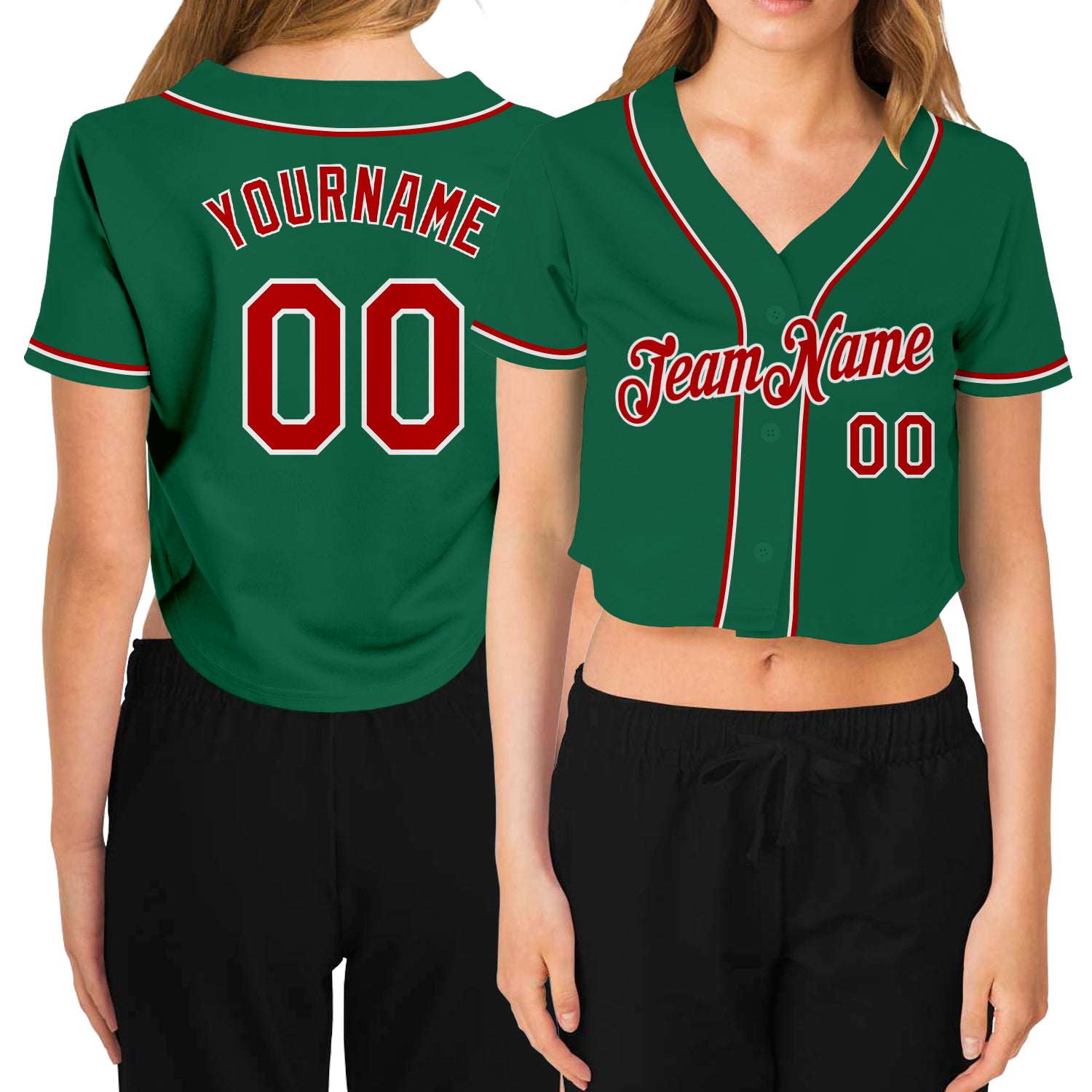 Womens Custom V-Neck Cropped Baseball Jersey in Kelly Green with Red and White Details Custom Women's Kelly Green Red-White