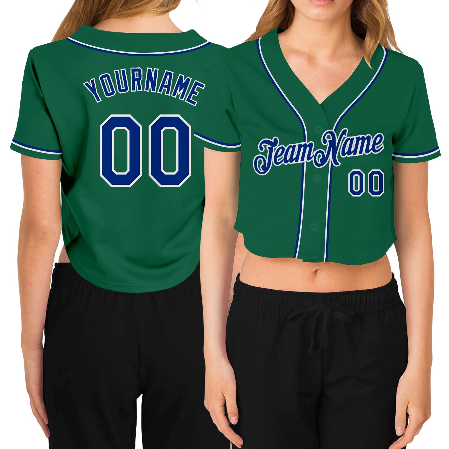Custom Women's Kelly Green Royal-White V-Neck Cropped Baseball Jersey Womens V-Neck Cropped Baseball Jersey - Custom Kelly Green & Royal White Custom Women's Kelly Green Royal-White V-Neck Cropped