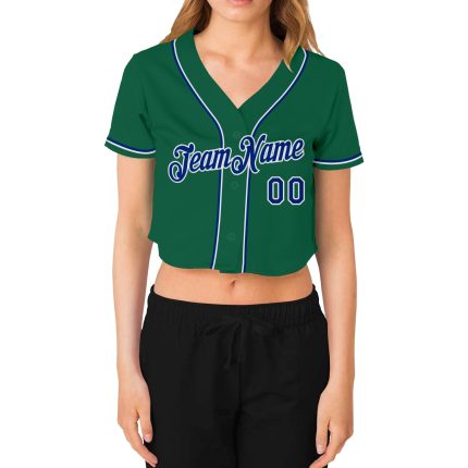 Womens V-Neck Cropped Baseball Jersey - Custom Kelly Green & Royal White Custom Women's Kelly Green Royal-White V-Neck Cropped