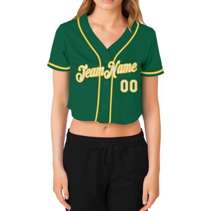 Custom Womens Kelly Green V-Neck Cropped Baseball Jersey in White-Gold Custom Women's Kelly Green White-Gold V-Neck Cropped