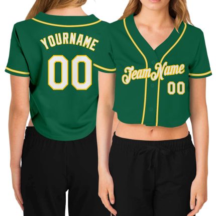 Custom Womens Kelly Green V-Neck Cropped Baseball Jersey in White-Gold Custom Women's Kelly Green White-Gold V-Neck Cropped