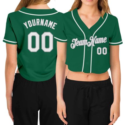Custom Womens V-Neck Baseball Jersey in Kelly Green and White-Gray, Cropped Design Custom Women's Kelly Green White-Gray
