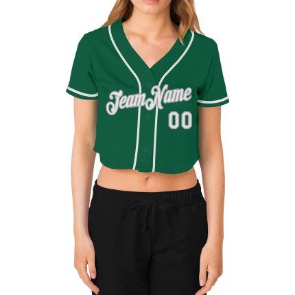 Custom Womens V-Neck Baseball Jersey in Kelly Green and White-Gray, Cropped Design Custom Women's Kelly Green White-Gray