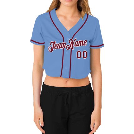 Light Blue Crimson-White V-Neck Cropped Baseball Jersey for Women - Customizable Custom Women's Light Blue Crimson-White