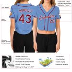 Light Blue Crimson-White V-Neck Cropped Baseball Jersey for Women - Customizable Custom Women's Light Blue Crimson-White