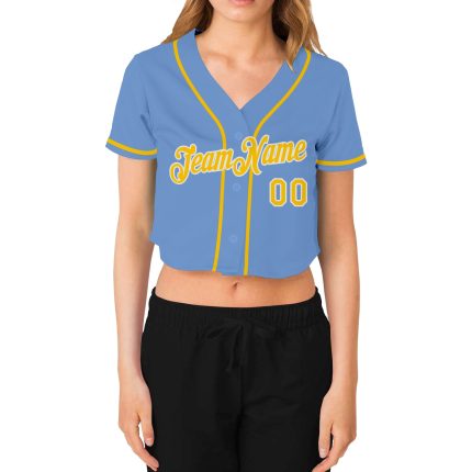Light Blue Gold White V-Neck Cropped Jersey for Women - Custom Baseball Jersey Custom Women's Light Blue Gold-White V-Neck