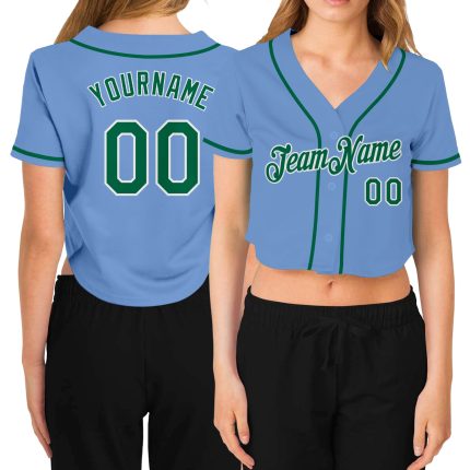 Custom Womens Light Blue V-Neck Cropped Baseball Jersey in Kelly Green and White Custom Women's Light Blue Kelly Green-White