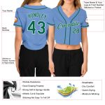 Custom Womens Light Blue V-Neck Cropped Baseball Jersey in Kelly Green and White Custom Women's Light Blue Kelly Green-White