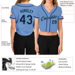 Light Blue Navy Gray Aqua Womens V-Neck Cropped Baseball Jersey Custom Custom Women's Light Blue Navy Gray-Aqua V-Neck Cropped