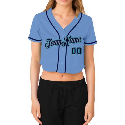 Light Blue Navy Gray Aqua Womens V-Neck Cropped Baseball Jersey Custom Custom Women's Light Blue Navy Gray-Aqua V-Neck Cropped