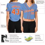 Light Blue Orange-White V-Neck Custom Cropped Baseball Jersey for Women Custom Women's Light Blue Orange-White V-Neck Cropped