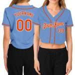 Light Blue Orange-White V-Neck Custom Cropped Baseball Jersey for Women Custom Women's Light Blue Orange-White V-Neck Cropped