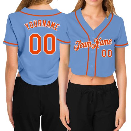 Light Blue Orange-White V-Neck Custom Cropped Baseball Jersey for Women Custom Women's Light Blue Orange-White V-Neck Cropped