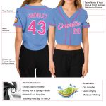 Custom Womens Light Blue Pink White V-Neck Cropped Jersey for Baseball Custom Women's Light Blue Pink-White V-Neck Cropped