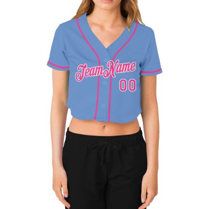 Custom Womens Light Blue Pink White V-Neck Cropped Jersey for Baseball Custom Women's Light Blue Pink-White V-Neck Cropped