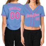 Custom Womens Light Blue Pink White V-Neck Cropped Jersey for Baseball Custom Women's Light Blue Pink-White V-Neck Cropped