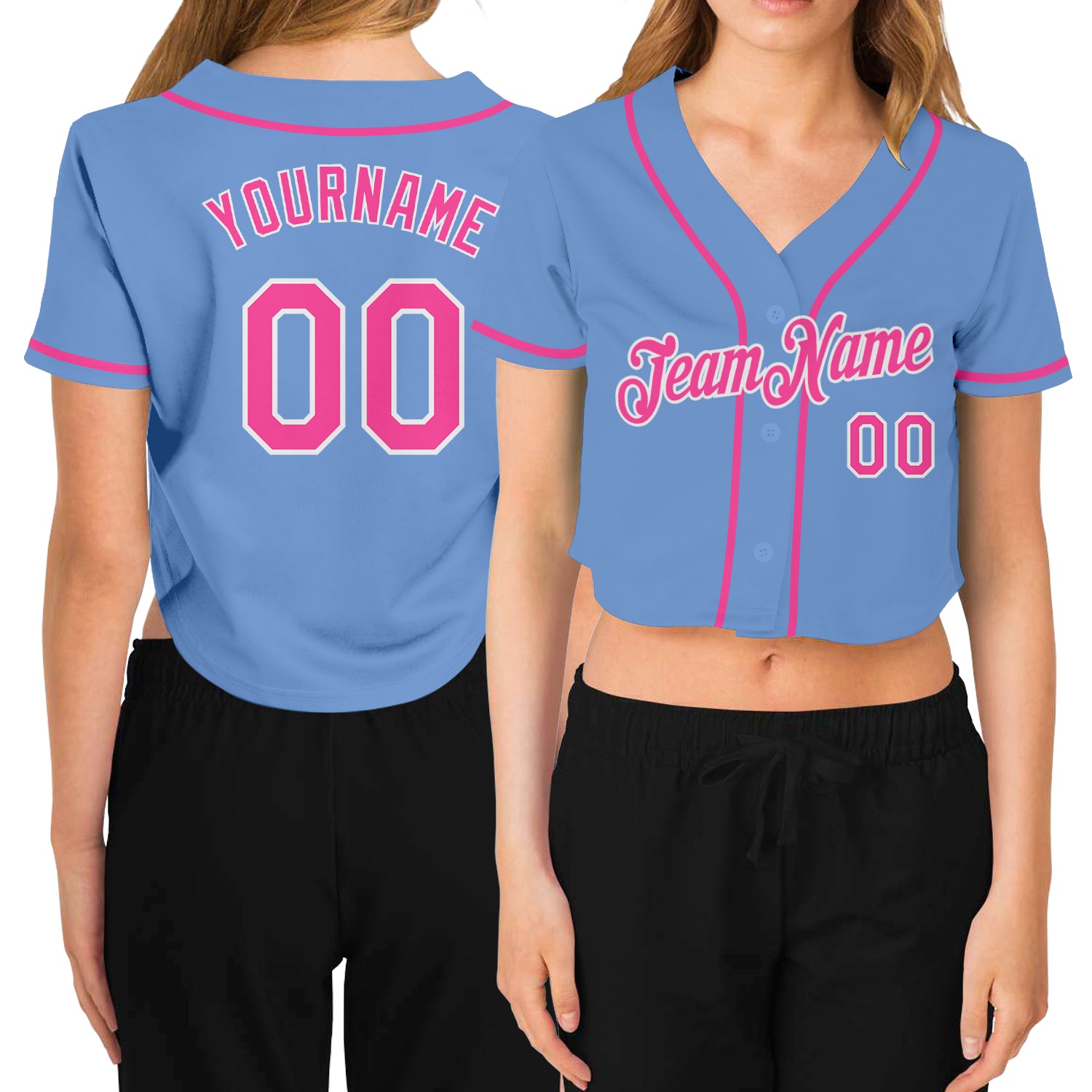 Custom Womens Light Blue Pink White V-Neck Cropped Jersey for Baseball Custom Women's Light Blue Pink-White V-Neck Cropped