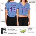 Light Blue Purple White Womens V-Neck Cropped Baseball Jersey Custom Design Custom Women's Light Blue Purple-White V-Neck