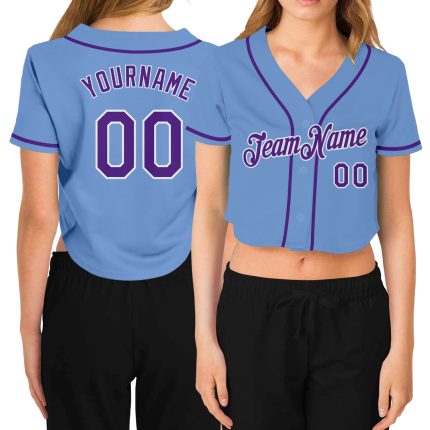 Light Blue Purple White Womens V-Neck Cropped Baseball Jersey Custom Design Custom Women's Light Blue Purple-White V-Neck