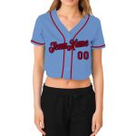 Custom Womens V-Neck Baseball Jersey Light Blue Red-Navy Cropped Design Custom Women's Light Blue Red-Navy V-Neck Cropped