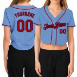 Custom Womens V-Neck Baseball Jersey Light Blue Red-Navy Cropped Design Custom Women's Light Blue Red-Navy V-Neck Cropped
